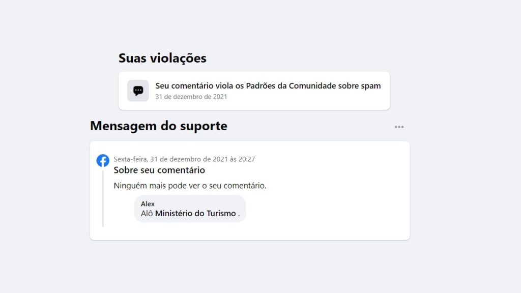 Erro no aviso de violação dos padrões da comunidade do Facebook