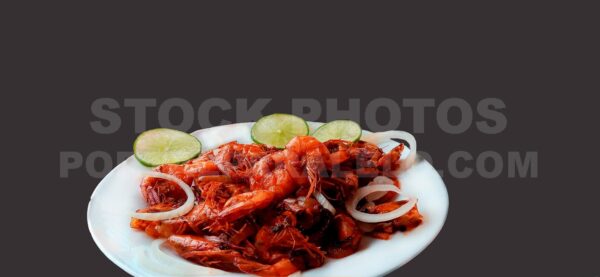 Picture 2 Pack: Fried shrimp dish with white and black background and copy space