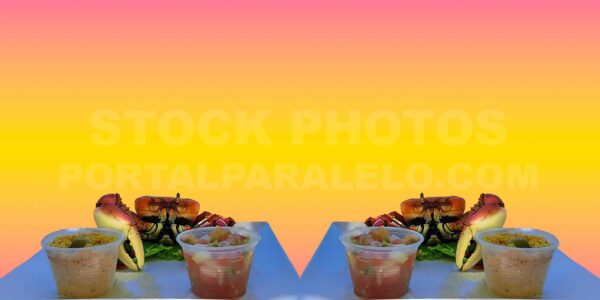 Pack of 3 photos of Platter with crab, farofa and vinaigrette with copy space