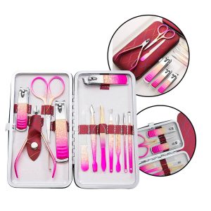 Kit Estojo Manicure 12 Peças Alta qualidade Aço Inoxidável Profissional Sintético Rosa e Dourado
